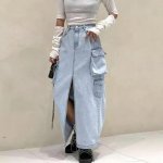 High Waist Vintage Denim Cargo Skirt with Front Split - Image 2