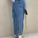 High Waist Vintage Denim Cargo Skirt with Front Split - Image 7