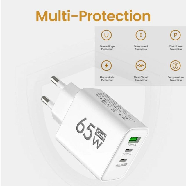 65W GaN USB-C Fast Charger with PD & Quick Charge 3.0