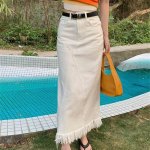 High-Waist Tassel Denim Long Skirt - Image 4