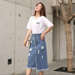 Chic Korean-Style Front Button Denim Skirt with Distressed Detail - Image 4