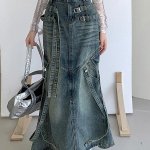 Chic Y2K Gothic Mermaid Denim Skirt with Belt - Casual Empire Waist Maxi - Image 5