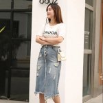 Chic Korean-Style Front Button Denim Skirt with Distressed Detail - Image 5
