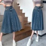 High-Waist A-Line Denim Midi Skirt - Vintage Pleated Y2K Grunge Style - Image 4