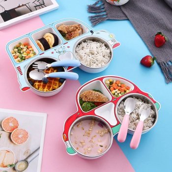 Stainless Steel Cartoon Kids Feeding Bowl & Car Divider Plate - Creative & Safe Tableware for Children