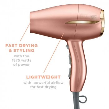 Professional Ceramic Frizz-Free Compact Hair Dryer, Ionic, 1875 Watts, Rose Gold Blow Dryer