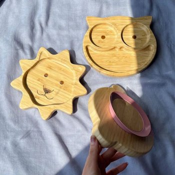 Eco-Friendly Animal Pattern Bamboo Children's Dinnerware with Suction Base