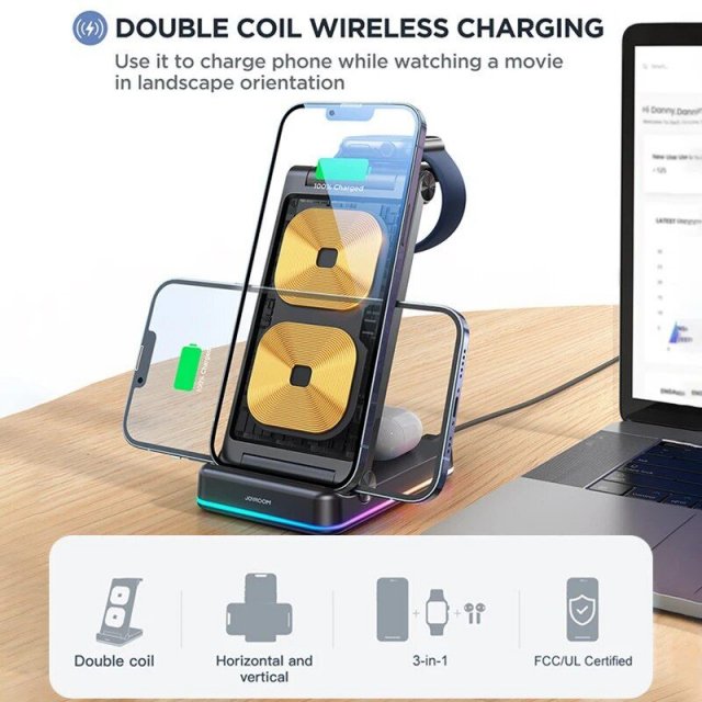 3-in-1 Foldable Wireless Charging Station: Fast Dual Coil Charger for Phones, Apple Watch, and Airpods