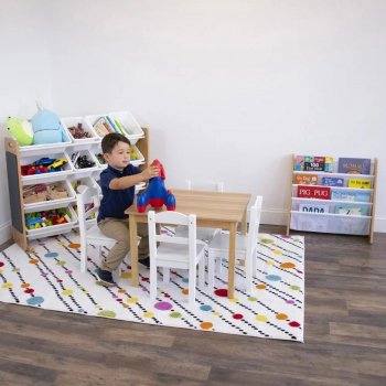 Kids Wood Toy Storage Organizer with Chalkboard and 16 White Bins