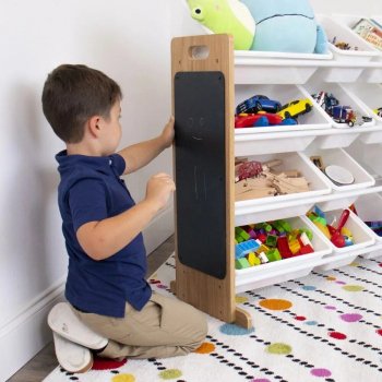 Kids Wood Toy Storage Organizer with Chalkboard and 16 White Bins