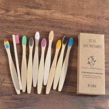 Colorful Kids Eco-Friendly Bamboo Toothbrushes - 10 Piece Set
