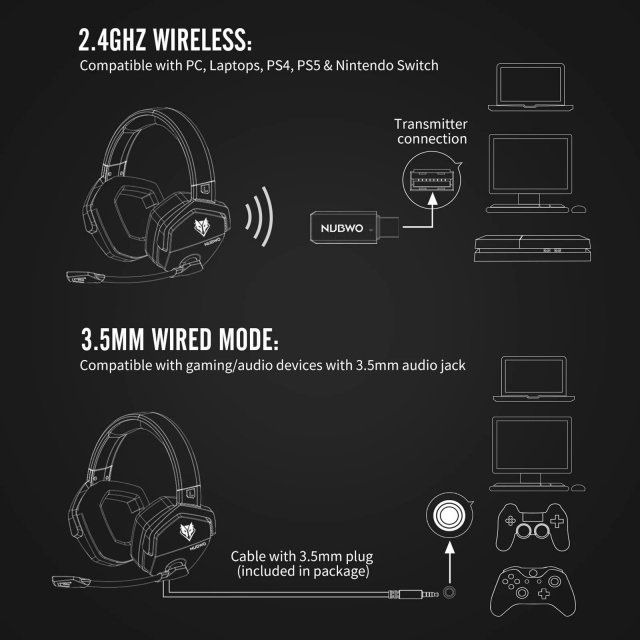 Wireless Gaming Headset with 2.4G & 3.5mm Wired Sport Earphone, Noise Reduction Mic, Compatible with PS5, PS4, Laptop - Image 7