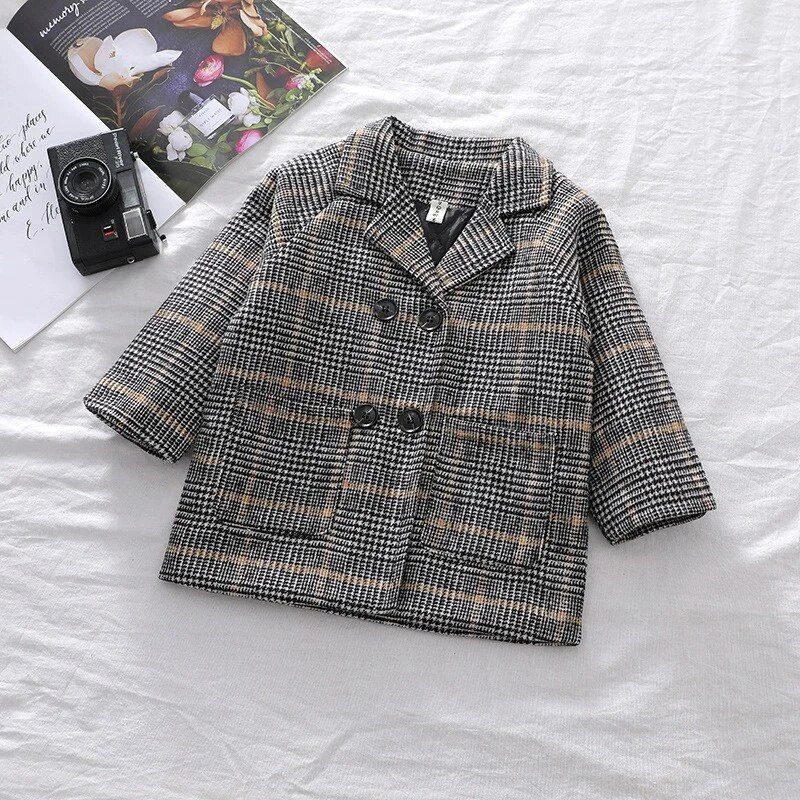 Classic Grid Woolen Trench Coat for Kids - Versatile Outerwear for Boys and Girls 