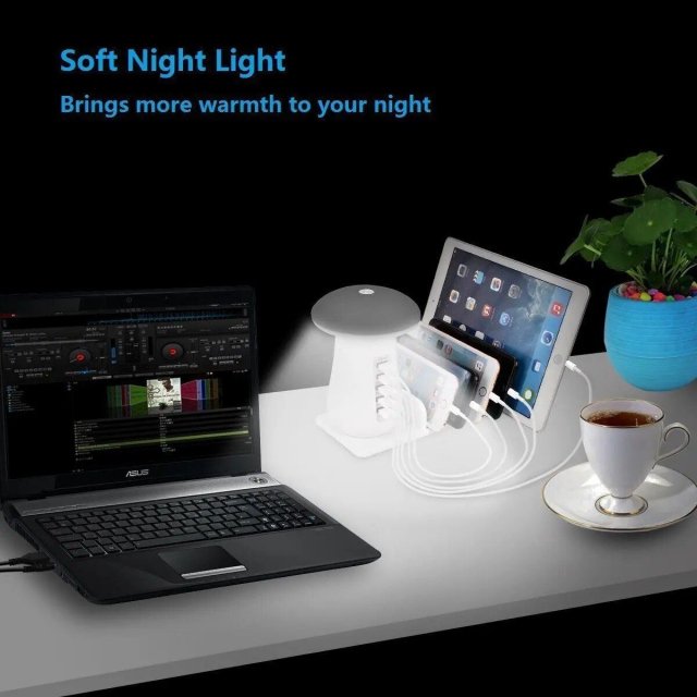 5-Port USB Charging Station with Mushroom Night Lamp & Desktop Organizer