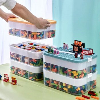 Kids Building Blocks Storage Box - 2 Layer Adjustable Lego-Compatible Organizer