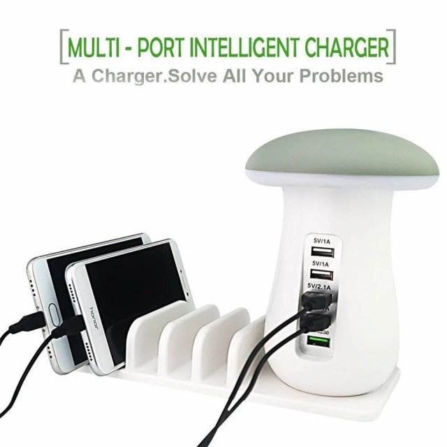 5-Port USB Charging Station with Mushroom Night Lamp & Desktop Organizer