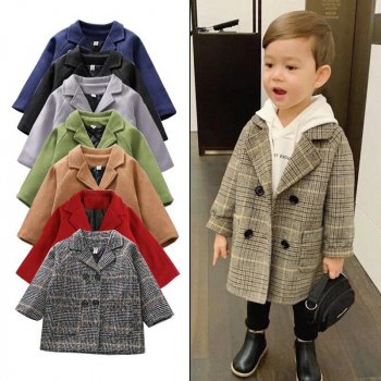 Classic Grid Woolen Trench Coat for Kids - Versatile Outerwear for Boys and Girls