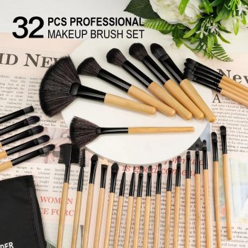 32-Piece Natural Hair Makeup Brush Set with Premium Wooden Handles