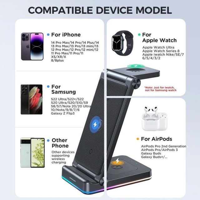 3-in-1 Foldable Wireless Charging Station: Fast Dual Coil Charger for Phones, Apple Watch, and Airpods