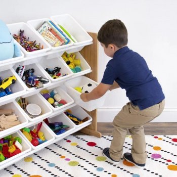 Kids Wood Toy Storage Organizer with Chalkboard and 16 White Bins