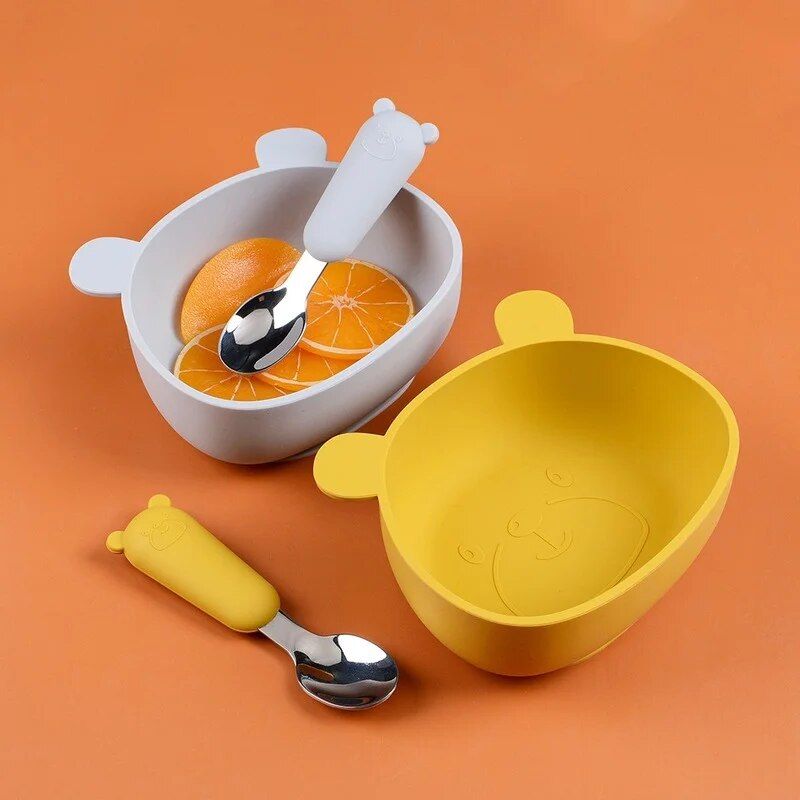 Silicone Baby Feeding Set - Non-Slip, BPA-Free Bowl, Spoon, and Fork 