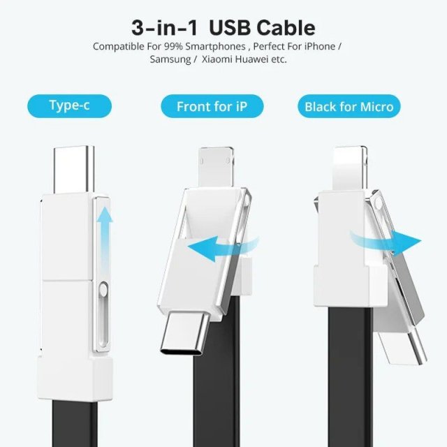 Compact 3-in-1 Magnetic Keychain USB Cable – Micro USB, Type-C, Lightning