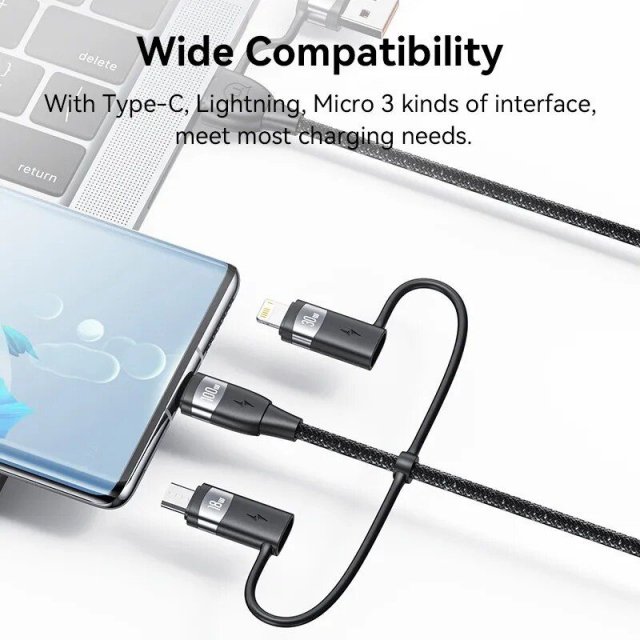 Multi-Device Fast Charging Cable – 3-in-1 USB-C to Lightning/Micro/Type-C – PD 100W