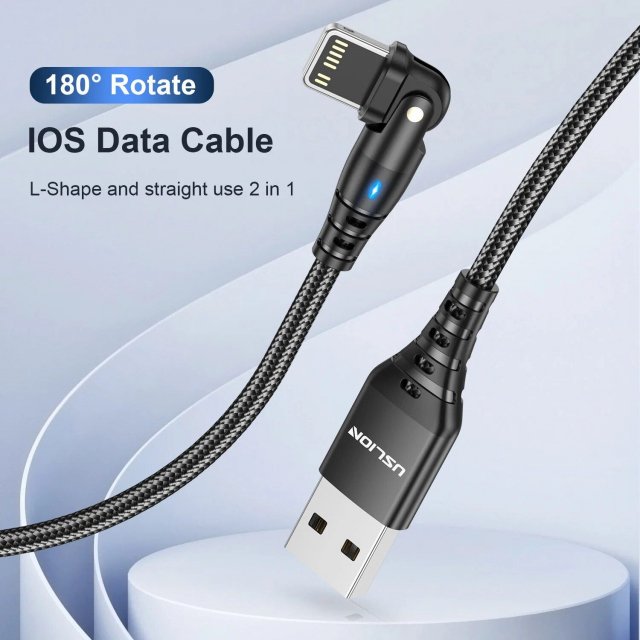 180° Rotating 3A USB-Lightning Cable with LED Indicator for Fast Charging and Data Transfer