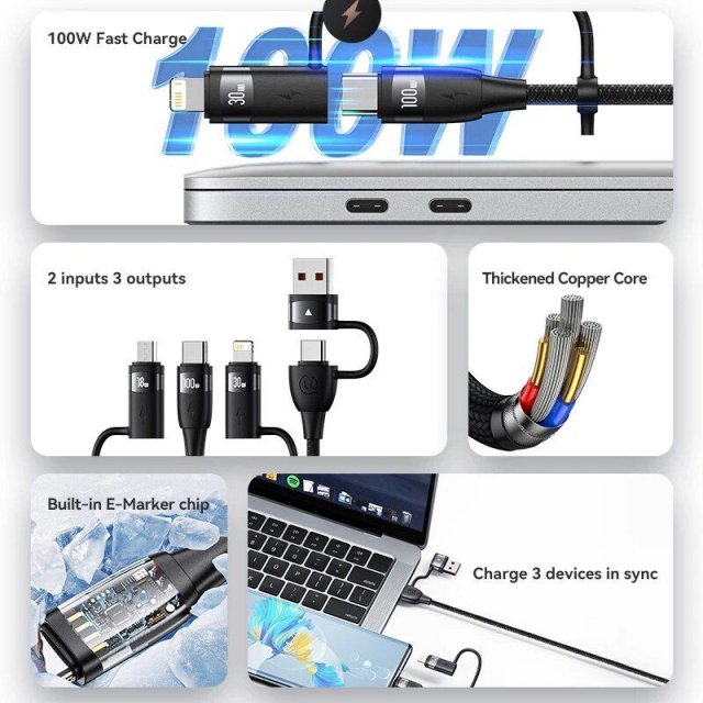 Multi-Device Fast Charging Cable – 3-in-1 USB-C to Lightning/Micro/Type-C – PD 100W