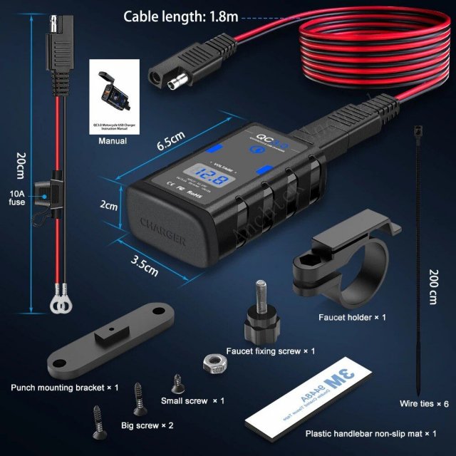 Waterproof QC3.0 Type C Motorcycle USB Charger with Voltmeter 6.4A 12V - Image 5