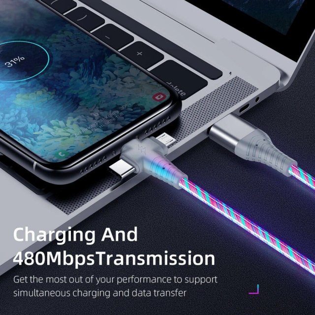 3-in-1 Luminous LED Flow USB Cable – Compatible with iPhone & Huawei Xiaomi (2m/1m)