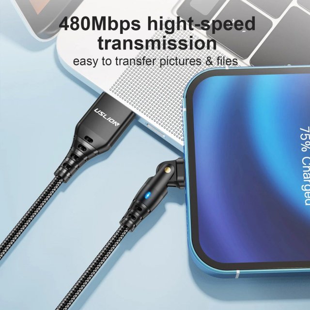 180° Rotating 3A USB-Lightning Cable with LED Indicator for Fast Charging and Data Transfer