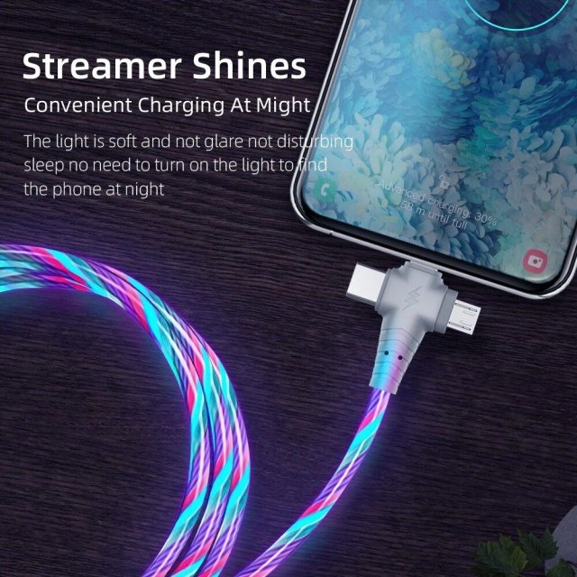 3-in-1 Luminous LED Flow USB Cable – Compatible with iPhone & Huawei Xiaomi (2m/1m)