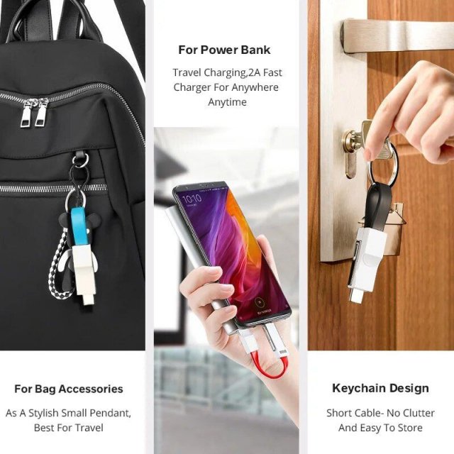 Compact 3-in-1 Magnetic Keychain USB Cable – Micro USB, Type-C, Lightning