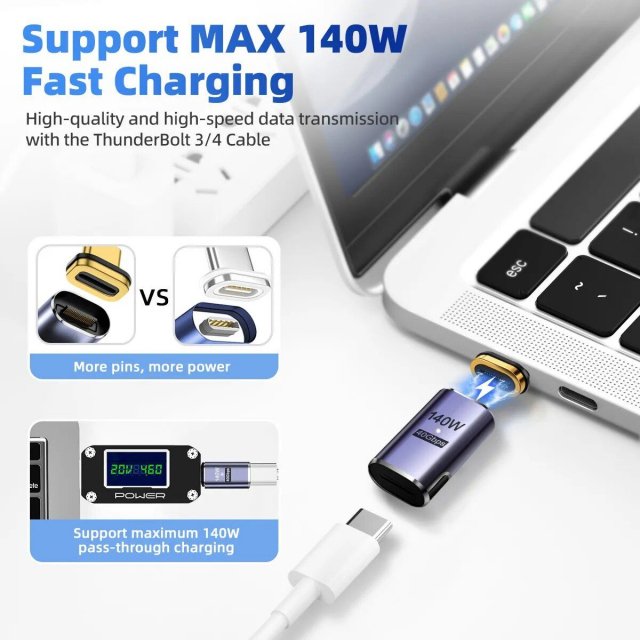 High-Speed 140W Thunderbolt 3 Magnetic USB-C Cable | 8K Video & Fast Charge Adapter