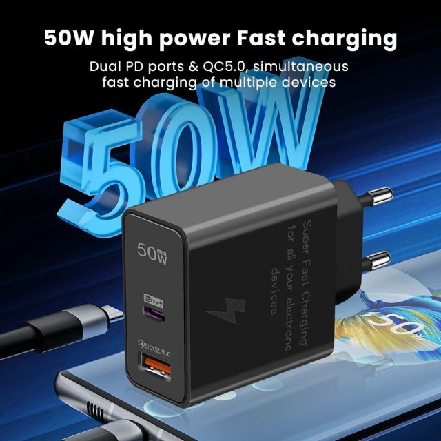 50W Dual-Port PD & QC3.0 LED Fast USB Charger for Smartphones - Image 4