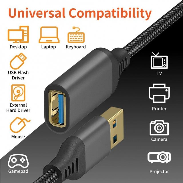 Nylon Braided USB 3.0 Extension Cable – High-Speed Data Transfer for Computers, Cameras, Printers, and More