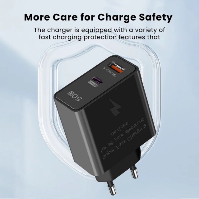 50W Dual-Port PD & QC3.0 LED Fast USB Charger for Smartphones