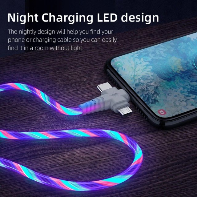 3-in-1 Luminous LED Flow USB Cable – Compatible with iPhone & Huawei Xiaomi (2m/1m)