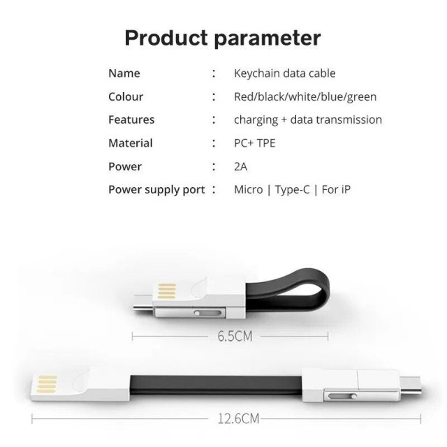 Compact 3-in-1 Magnetic Keychain USB Cable - Micro USB, Type-C, Lightning - Image 7