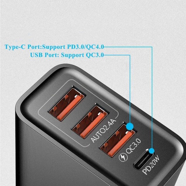 USB C Charger 60W Fast Charge Charger 4Ports PD TypeC Quick Charge3.0 Wall Power Adapter for iphone Xiaomi Samsung Phone Charger