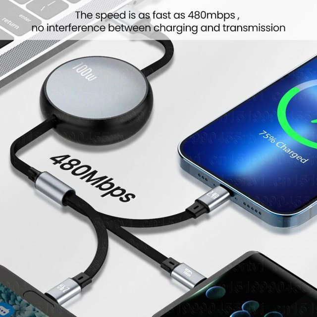 3-in-1 Retractable Fast Charger – USB C Cable with Multi Connectors for iPhone, Samsung & Huawei