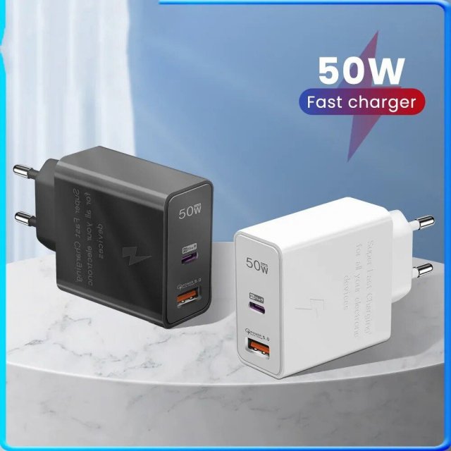 50W Dual-Port PD & QC3.0 LED Fast USB Charger for Smartphones