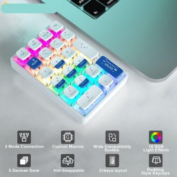 Multi-Mode 21-Key Wireless Mechanical Numpad with RGB Backlight