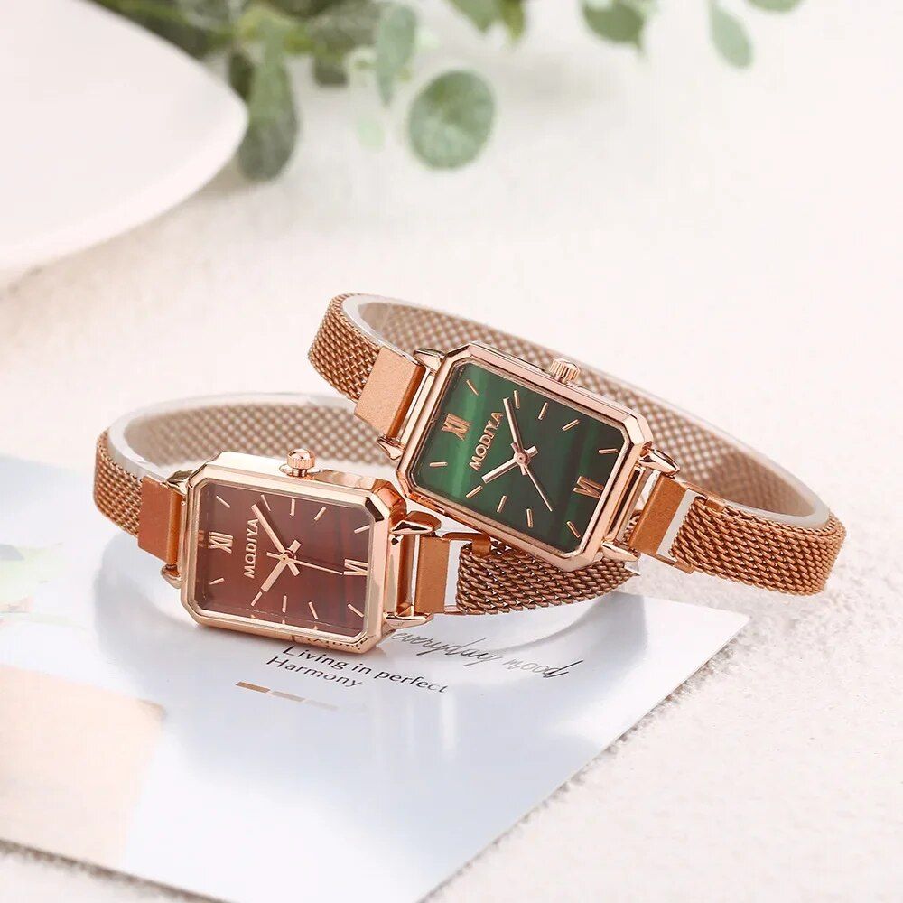 Elegant Square Dial Quartz Women's Watch with Magnetic Rose Gold Mesh Strap 