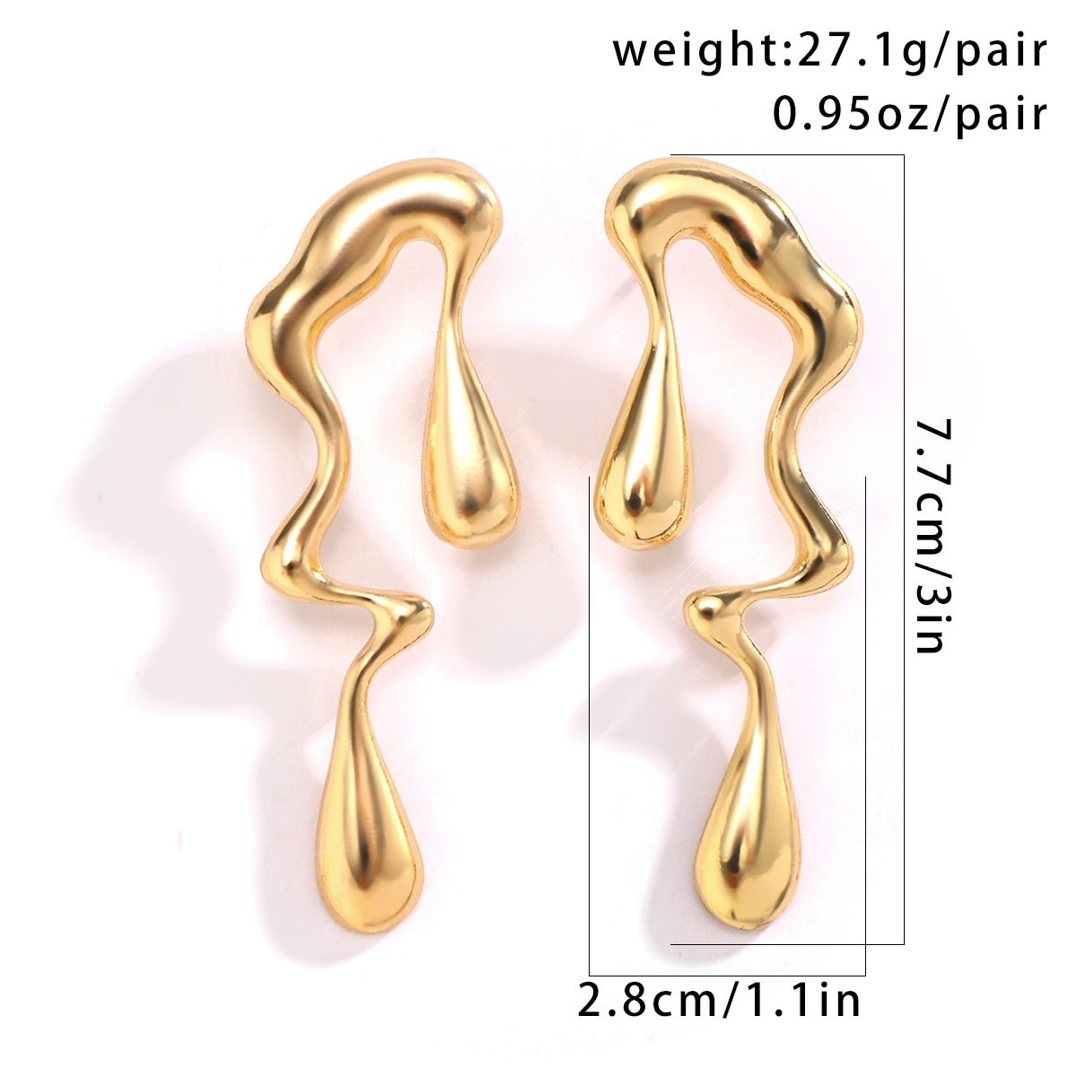 Vintage Gold Geometric Water Drop Earrings, displayed on a white background with dimensions and weight labels provided, perfect for new fashion trends.
