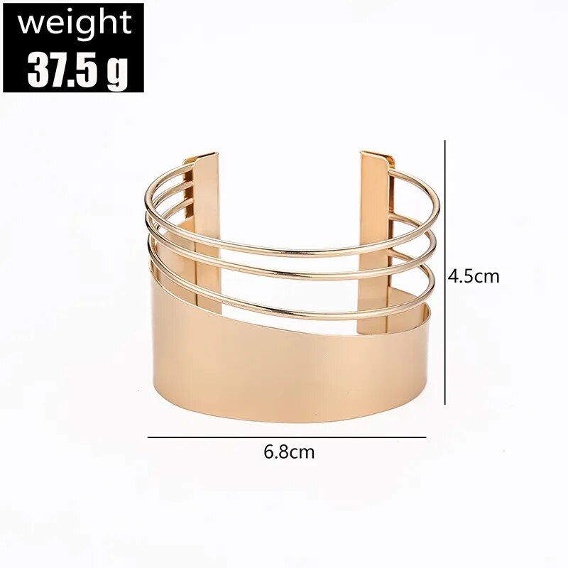 Women's Bohemian Gold-Plated Geometric Cuff Bangle, a stunning fashion accessory, with detailed dimensions: weight is 37.5 grams, height is 4.5 cm, and diameter is 6.8 cm.