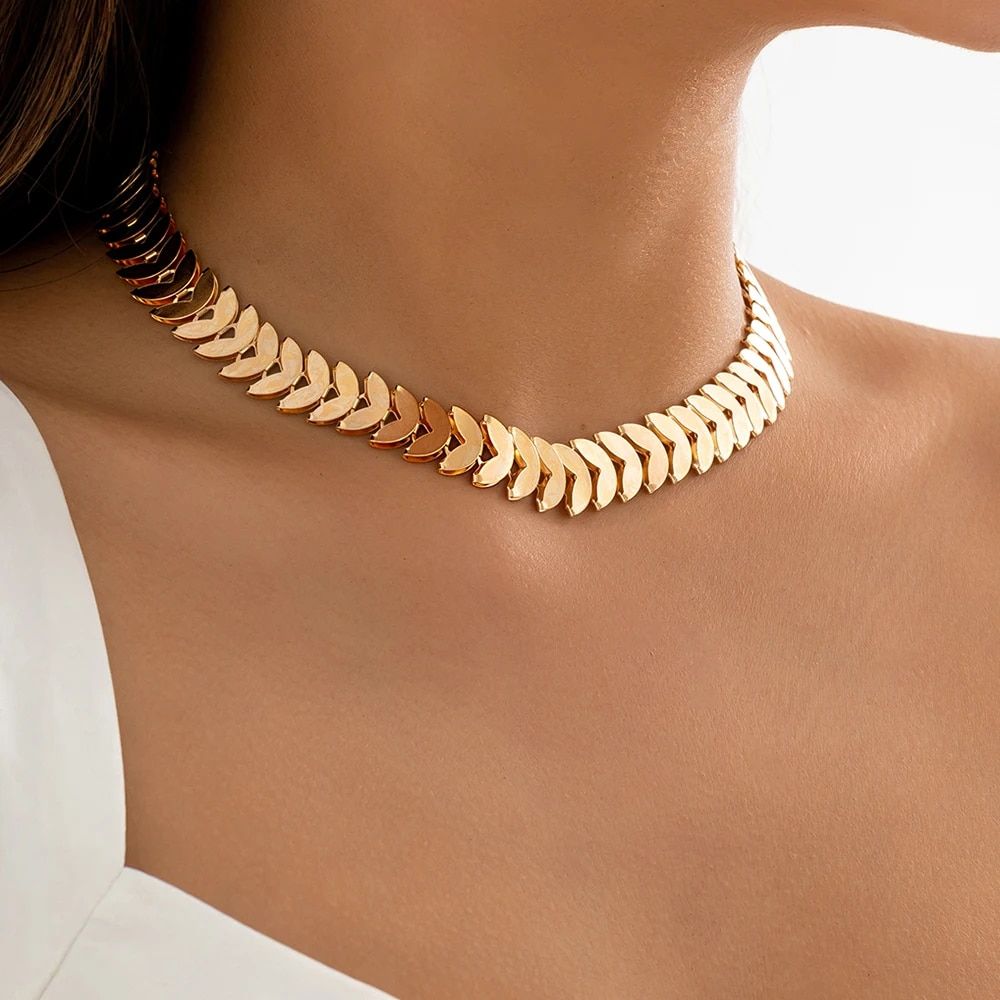 Gold Petal Choker Necklace for Women on a woman's neck, close-up view, highlighting the new fashion jewelry against her skin.