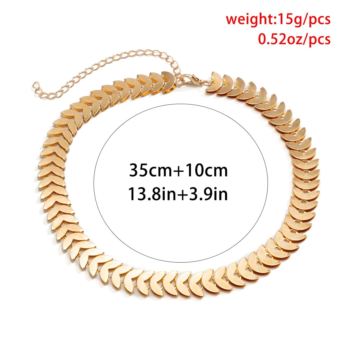Gold Petal Choker Necklace for Women with overlapping leaf design, displayed on white background with dimensions and weight noted, highlighting its new fashion style.