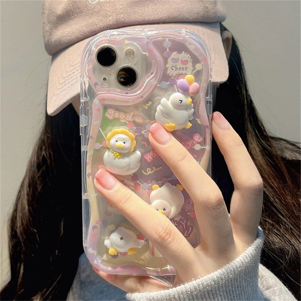 3D Cartoon Duck Cake Gradient Wave Silicone Case for iPhone Models 